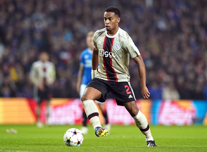 Jurrien Timber pictured in November 2022 playing for Ajax in a UEFA Champions League game against Rangers